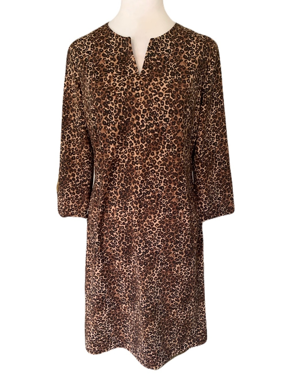 J. McLaughlin Medium Leopard Print 3/4 Sleeve V Neck Shift Dress Catalina Cloth